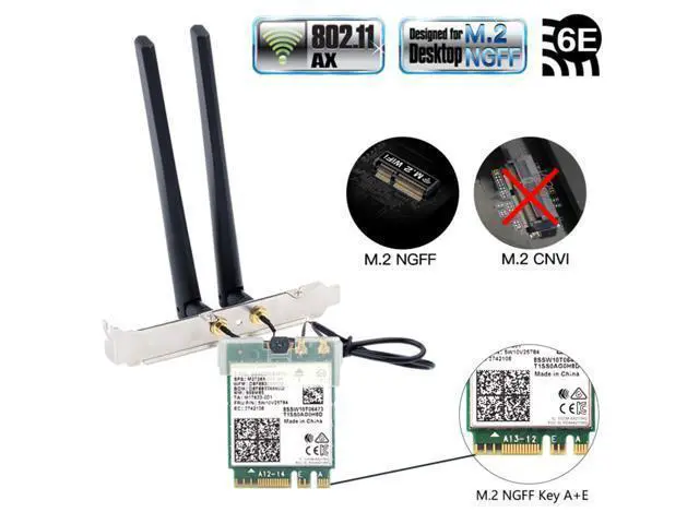 Alt view image 2 of 7 - FV-AXE210NG Wi-Fi 6E Desktop Kit Wireless Adapter Bluetooth 5.2 + 3000Mbps 2.4Ghz 5Ghz 6Ghz M.2 2230 Key E With Intel AX210 AX210NGW 802.11ax/ac Support MU-MIMO OFDMA Windows 10/11 With 6Dbi Antenna