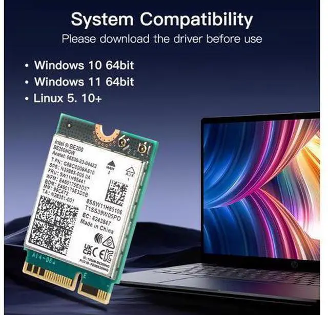 Alt view image 3 of 7 - DERAPID Wi-Fi 7 BE200 NGFF M.2 Key E Wireless Network Card with Bluetooth 5.4 Adapter for PC Windows 11/10 , Not Support AMD Motherboard