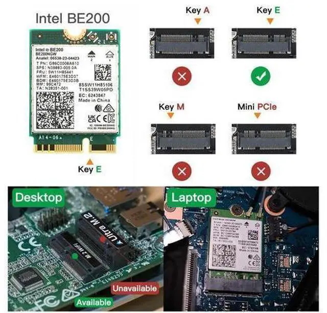 Alt view image 5 of 7 - DERAPID Wi-Fi 7 BE200 NGFF M.2 Key E Wireless Network Card with Bluetooth 5.4 Adapter for PC Windows 11/10 , Not Support AMD Motherboard