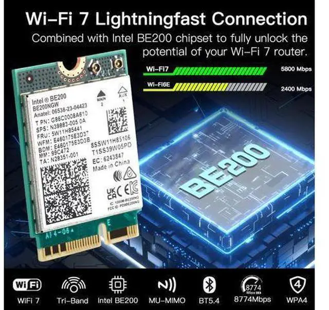 Alt view image 4 of 7 - DERAPID Wi-Fi 7 BE200 NGFF M.2 Key E Wireless Network Card with Bluetooth 5.4 Adapter for PC Windows 11/10 , Not Support AMD Motherboard