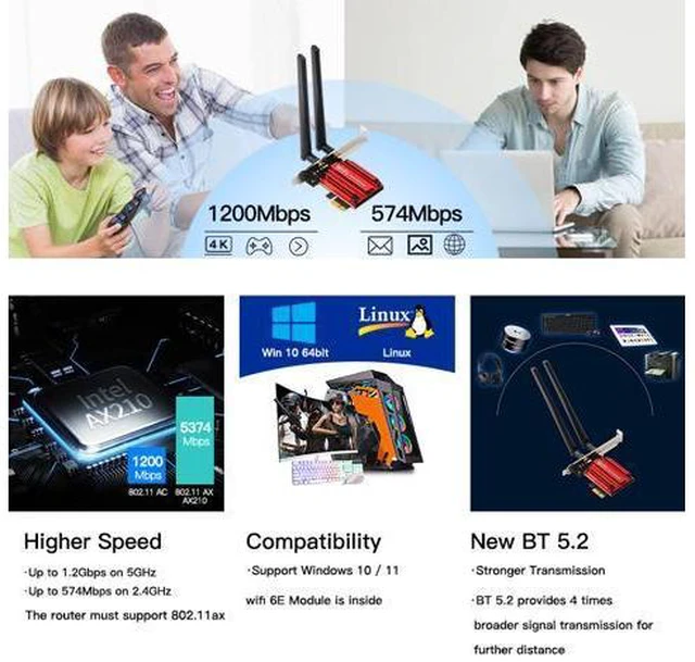 Alt view image 7 of 7 - DERAPID PCIe WiFi 6E Card, AX210 Network Card Adapter for PC Gaming, Bluetooth 5.3, Tri-Band (802.11ax) 5400Mbps 6GHz Wireless LAN Cards with MU-MIMO, OFDMA, Support Windows 10/11 (64-bit)