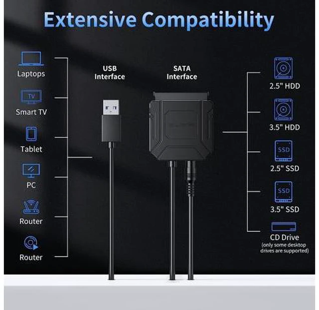 Alt view image 3 of 7 - SATA III to USB 3.0 Adapter, USB to SATA Adapter Cable for 2.5"/3.5" HDD/SSD SATA I/II/III Hard Drive Adapter, Support UASP, with External Power Supply 12V 2A