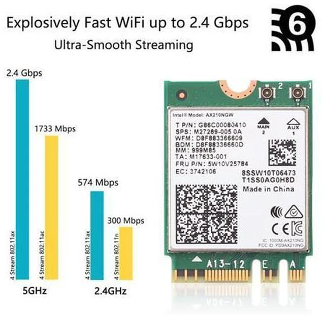 Alt view image 4 of 7 - 3000Mbps WiFi 6E Intel AX210 Bluetooth 5.2 WiFi 6 Card 802.11ac/ax 2.4G/5Ghz/6Ghz M.2 2230 Key E With IPEX4 Antennas Wireless AX210NGW WiFi Adapter, Support Windows 10 Linux For Laptop Desktop PC