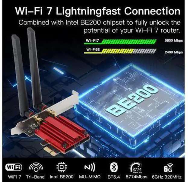 Alt view image 2 of 7 - DERAPID FV-BE200 WiFi 7 PCIe Network Card Bluetooth 5.4 Heat Sink 802.11be Tri-band 2.4G/5G/6G PCI-E Wireless WiFi Network Adapter Cards for Desktop Windows 10/11 (Not Support for AMD Motherboard)