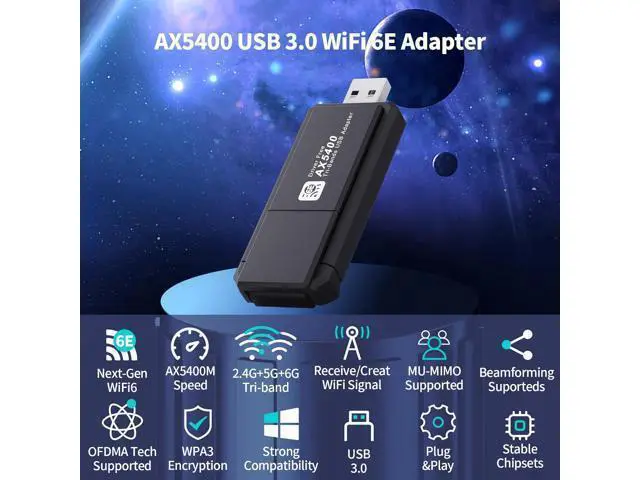 Alt view image 3 of 7 - WiFi 6E Wireless Adapter, USB 3.0 WiFi Adapter for PC, AX5400M 802.11AX, Tri-Band 6GHz/5GHz/2.4GHz, WPA3, Wireless USB WiFi Dongle Network Adapter for PC Laptop, Only Compatible with Windows 11/10