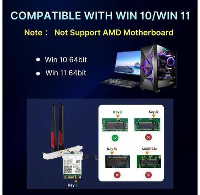 Alt view image 7 of 7 - AUTYUE Wireless Adapter WiFi 7 Network Card, BT5.4 BE200NGW 7th WiFi Adapter, M.2 Mini Desktop kit WiFi 7 Adapter 802.11BE Tri-Band 8774Mbps WiFi not Support AMD Motherboards for Win 10/11 10Dbi