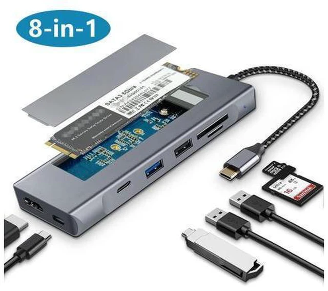 Main image of USB-C Hub with M.2 NVMe/SATA SSD Enclosure, 8 in 1 USB C Hub Adapter Fits PCIe 3.0 NVMe M.2 SSD, 2.5-inch SATA HDD with 4K HDMI, 10Gbps USB-C 3.1 & USB 3.1, USB 2.0, SD/Micro SD, 100W PD for Laptops