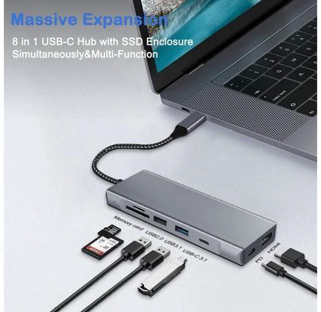 Alt view image 4 of 7 - USB-C Hub with M.2 NVMe/SATA SSD Enclosure, 8 in 1 USB C Hub Adapter Fits PCIe 3.0 NVMe M.2 SSD, 2.5-inch SATA HDD with 4K HDMI, 10Gbps USB-C 3.1 & USB 3.1, USB 2.0, SD/Micro SD, 100W PD for Laptops
