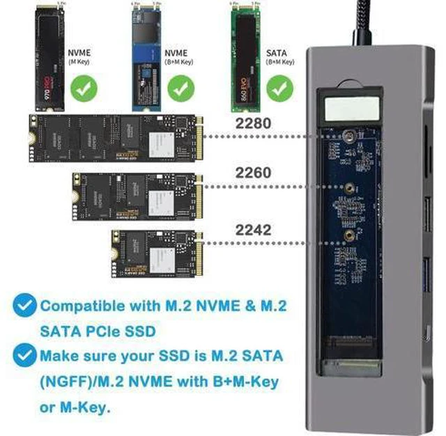 Alt view image 5 of 7 - USB-C Hub with M.2 NVMe/SATA SSD Enclosure, 8 in 1 USB C Hub Adapter Fits PCIe 3.0 NVMe M.2 SSD, 2.5-inch SATA HDD with 4K HDMI, 10Gbps USB-C 3.1 & USB 3.1, USB 2.0, SD/Micro SD, 100W PD for Laptops