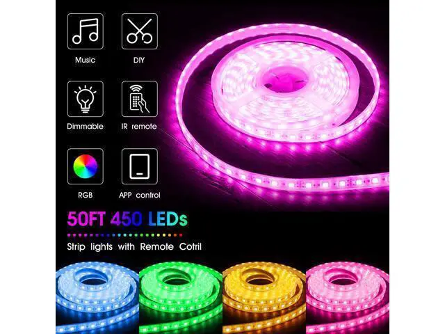 Alt view image 2 of 7 - IP65 Waterproof LED Strip Lights, 50ft/15M RGB LED Light Strip with Bluetooth Remote App Controller Color Changing 5050 LED Rope Lights Sync to Music for Home Garden DIY Decoration Flexible Strip