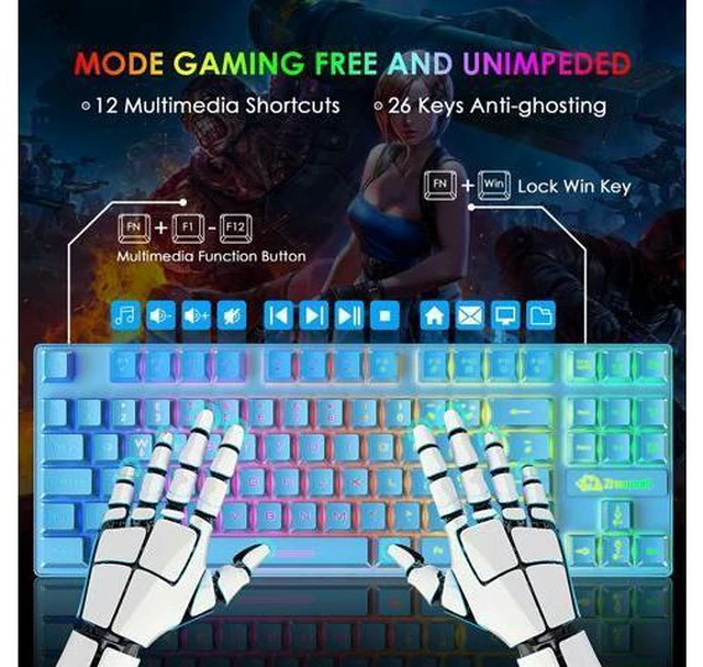 Alt view image 3 of 7 - Gaming Keyboard and Mouse Combo,88 Keys Compact Rainbow Backlit Mechanical Feel Keyboard, RGB Backlit 6400 DPI Lightweight Gaming Mouse with Honeycomb Shell for Windows PC Gamers (Blue)