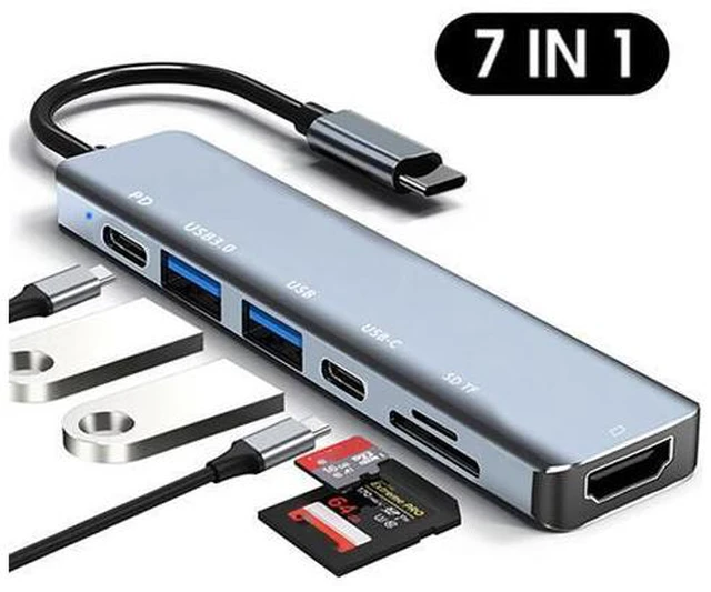 Main image of USB C Hub, 7 in 1 USB C Multiport Adapter with 4K HDMI, Type C 87W PD, USB 3.0 5Gbps Data Ports, SD/TF Card Reader for Mac-Book Pro, M-ac-Book Air, D-e-l-l XPS, Le-no-vo Thinkpad, H-P Laptops and More