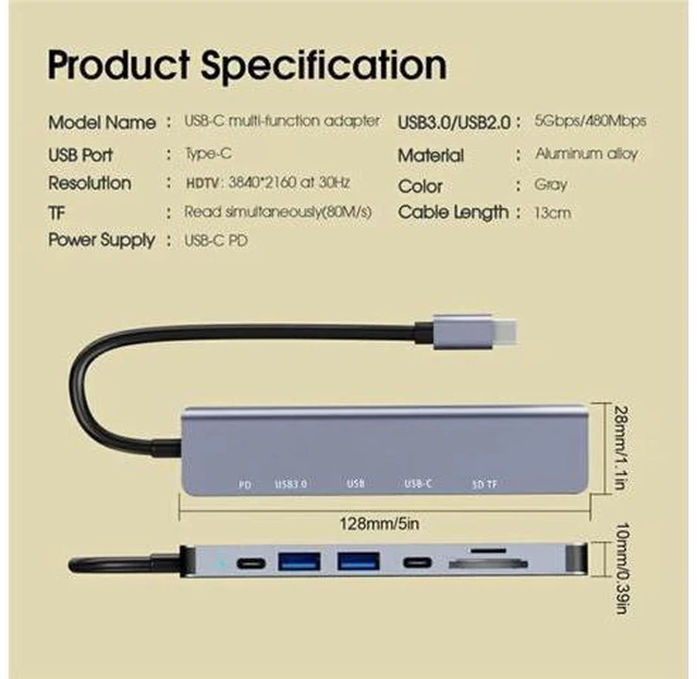 Alt view image 6 of 7 - USB C Hub, 7 in 1 USB C Multiport Adapter with 4K HDMI, Type C 87W PD, USB 3.0 5Gbps Data Ports, SD/TF Card Reader for Mac-Book Pro, M-ac-Book Air, D-e-l-l XPS, Le-no-vo Thinkpad, H-P Laptops and More