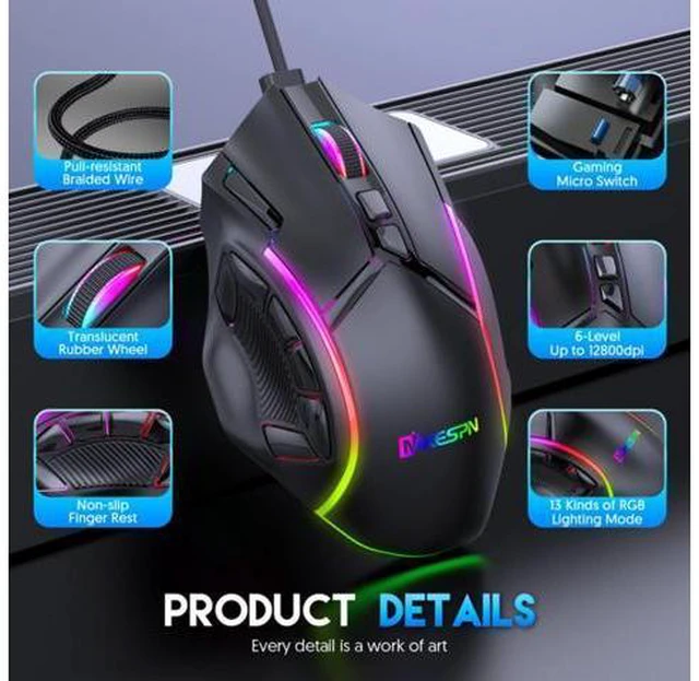 Alt view image 6 of 7 - USB Wired Gaming Mouse, PC Computer Mice USB Mouse with 13 RGB LED Modes, High-Precision 12800 DPI Adjustable, 12 Programmable Buttons, Ergonomic Optical Mouse for Windows PC Mac Laptop Gamer