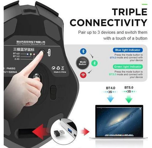 Alt view image 7 of 7 - Bluetooth Wireless Mouse, Silent Rechargeable Bluetooth + 2.4G Wireless Mouse (Tri-Mode: BT 5.0/4.0+2.4G), Ergonomic Portable Mouse Bluetooth for Laptop PC Computer, MacOS, Android, Windows
