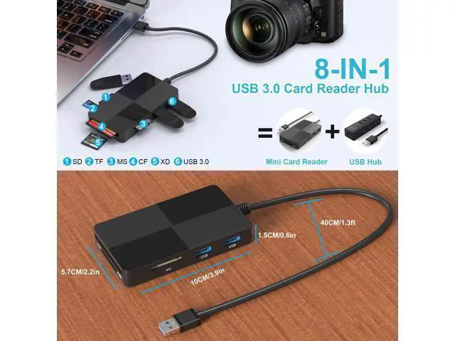 Alt view image 7 of 7 - USB 3.0 Multi Card Reader for PC, XD Picture Card Reader USB Adapter with 5 Card Slots and 3 USB3.0 Port for SD TF CF XD MS keyboard mouse U Disk, Memory Stick Pro Duo Reader Read 8 Ports Simultaneous