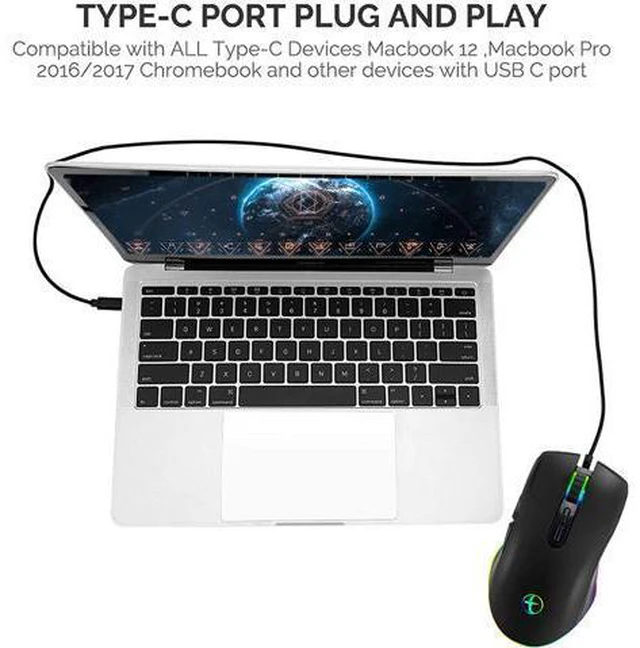 Alt view image 7 of 7 - USB C Type C Mouse, Wired USB C Mice Gaming Mouse Ergonomic 4 RGB Backlight 3200 DPI Compatible with Mac, Matebook, Chromebook, HP OMEN, Windows PC, Laptop and More USB Type C Devices (Black)