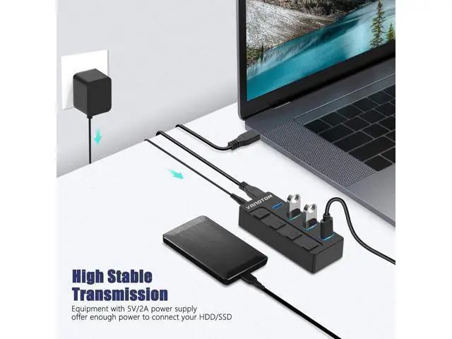 Alt view image 5 of 7 - Powered USB 3.1/3.2 Hub, 4-Port USB 3.1/3.2 Gen 2 Hub, Superspeed USB Splitter up to 10Gbps with Power Adapter and Individual Switches,Charging Supported,Compatible with Desktop and Laptop,Surface Pro