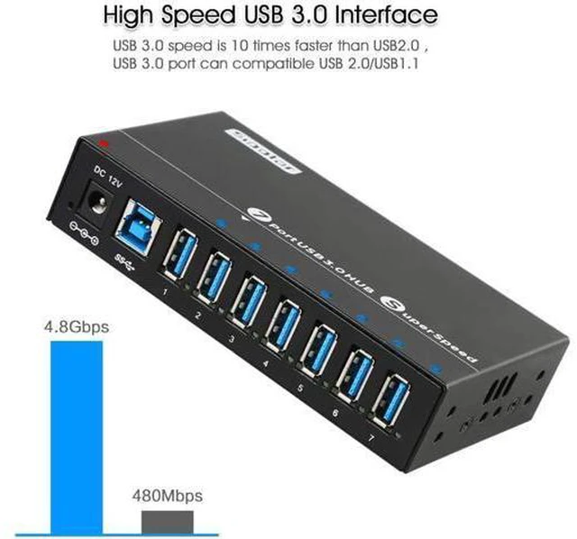 Alt view image 3 of 7 - USB 3.0 Splitter, Aluminum 7 Ports Super Speed USB3.0 Data hub, Aluminum USB 3.0 Hub with 12V 3A 36Watt Powered, Mounting Bracket, LEDs, Balck