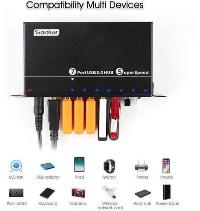 Alt view image 5 of 7 - USB 3.0 Splitter, Aluminum 7 Ports Super Speed USB3.0 Data hub, Aluminum USB 3.0 Hub with 12V 3A 36Watt Powered, Mounting Bracket, LEDs, Balck
