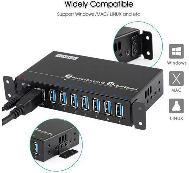Alt view image 6 of 7 - USB 3.0 Splitter, Aluminum 7 Ports Super Speed USB3.0 Data hub, Aluminum USB 3.0 Hub with 12V 3A 36Watt Powered, Mounting Bracket, LEDs, Balck