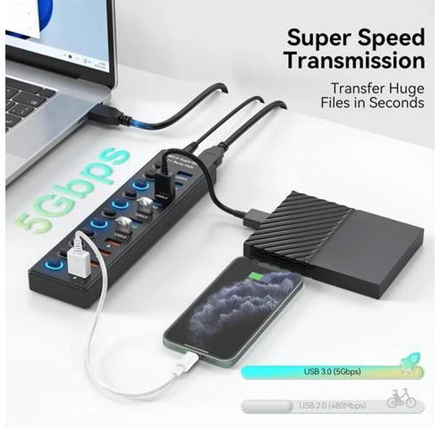 Alt view image 3 of 7 - SMA Powered USB 3.0 Hub 11-Port, Data 7 Ports + Charging 4 USB Ports Extender Cord 3FT Multiport USB Splitter Hubs with Power Adapter 36W Multi USB Hub 3.0 LED Switches for Laptop PC Mac Hard Driver