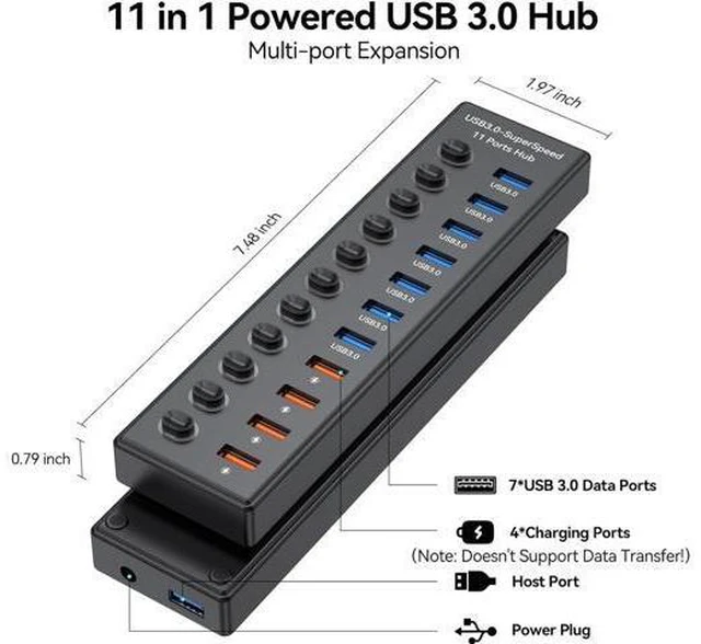 Alt view image 4 of 7 - SMA Powered USB 3.0 Hub 11-Port, Data 7 Ports + Charging 4 USB Ports Extender Cord 3FT Multiport USB Splitter Hubs with Power Adapter 36W Multi USB Hub 3.0 LED Switches for Laptop PC Mac Hard Driver