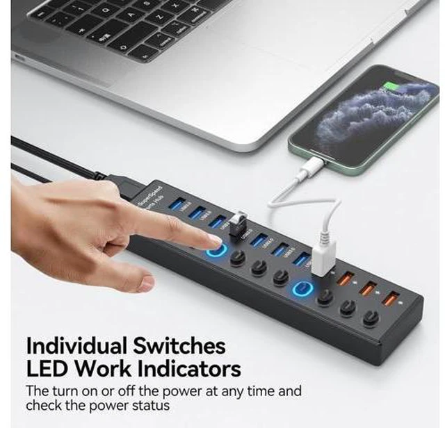 Alt view image 5 of 7 - SMA Powered USB 3.0 Hub 11-Port, Data 7 Ports + Charging 4 USB Ports Extender Cord 3FT Multiport USB Splitter Hubs with Power Adapter 36W Multi USB Hub 3.0 LED Switches for Laptop PC Mac Hard Driver
