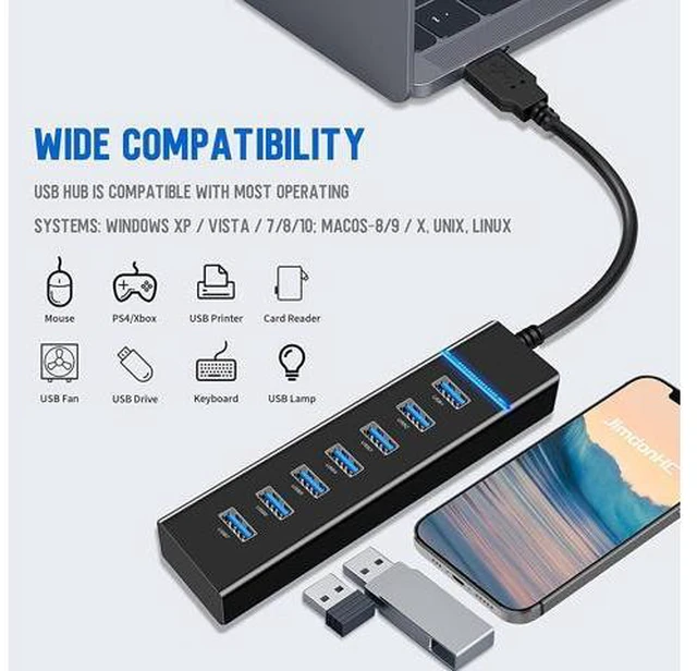 Alt view image 3 of 7 - USB3.0 Hub, 7 Port USB 3.0 Hub LED Portable High-Speed USB Hub Compatible for iMac Pro, MacBook Air, Mac Mini/Pro, Surface Pro, PC and Laptop giyqxHw