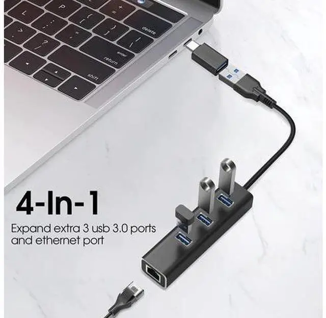 Alt view image 2 of 7 - USB 3.0 HUB with 1000MBps RJ45 Gigabit Ethernet Port, 3-Port USB to Ethernet Adapter with USB C Adapter, Aluminum USB Extender Splitter for Laptop, Mac-Book, Mac Pro, i-Mac, Surface Pro, XPS, PC