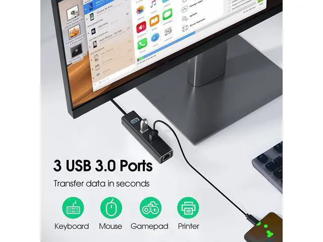Alt view image 3 of 7 - USB 3.0 HUB with 1000MBps RJ45 Gigabit Ethernet Port, 3-Port USB to Ethernet Adapter with USB C Adapter, Aluminum USB Extender Splitter for Laptop, Mac-Book, Mac Pro, i-Mac, Surface Pro, XPS, PC