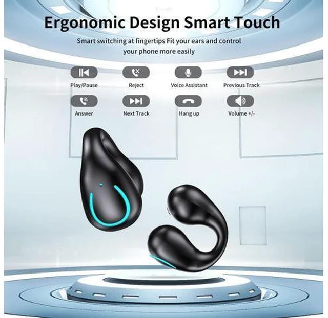 Alt view image 5 of 7 - Hitoor Open Ear Bone Conduction Headphones, Bluetooth 5.3 Wireless Open Clip on Ear Earbuds Built-in Mic with Ear Hooks Charging Case 60 Hours Playtime Sport Earphones Waterproof for Fitness Running