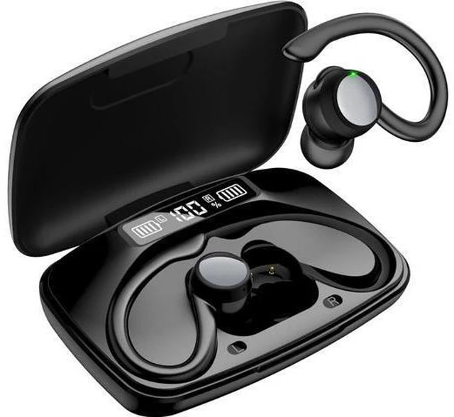 Main image of True Wireless Earbuds, Bluetooth Headphones 120H Playback Wireless Sports Earbuds with Over Ear Earhooks LED Display Charging Case IPX7 Waterproof Bluetooth Earphones for Running Workout, Black