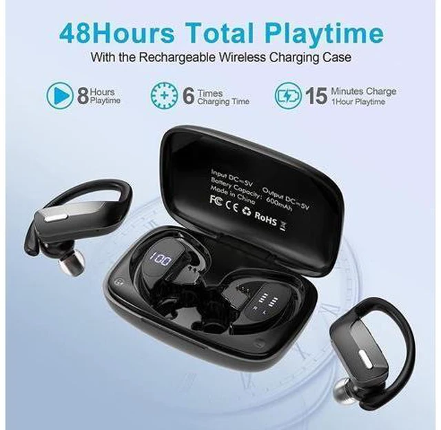 Alt view image 3 of 7 - True Wireless Earbuds, Bluetooth 5.1 Headphones 48H Playtime Sport Earphones with LED Display, Over-Ear Buds Built in Mic in Ear Earphones Waterproof Headset for Workout Running Gaming