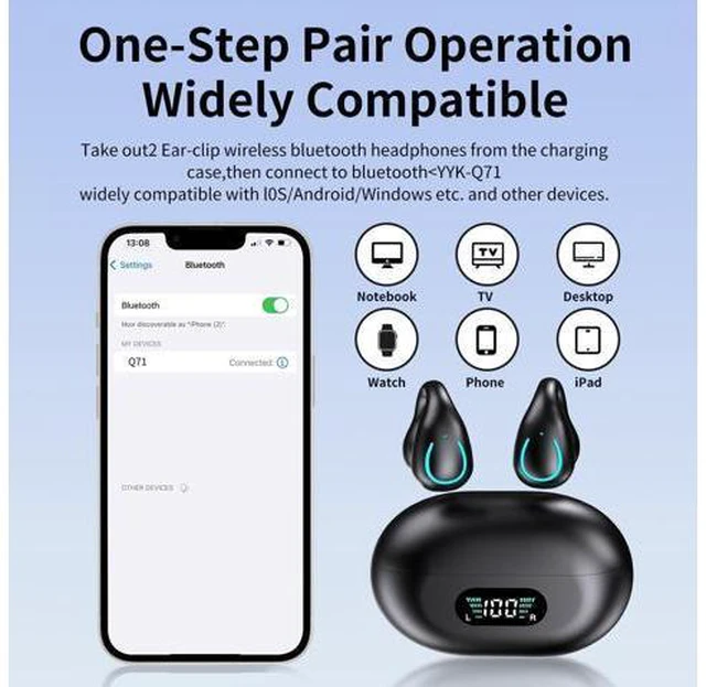 Alt view image 4 of 7 - Open Ear Bone Conduction Headphones, Clip On Wireless Earbuds with Digital Display Charging Case 60 Hours Playtime Bluetooth 5.3 Sport Earphones Built-in Mic IPX7 Waterproof for Running Fitness