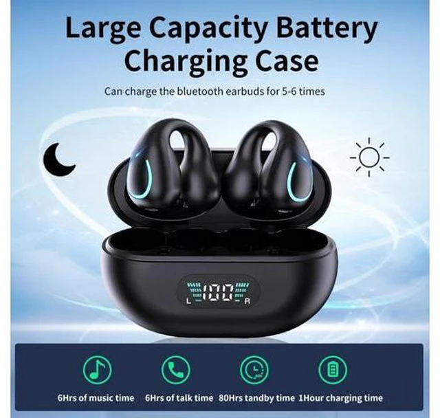 Alt view image 3 of 7 - Open Ear Bone Conduction Headphones, Clip On Wireless Earbuds with Digital Display Charging Case 60 Hours Playtime Bluetooth 5.3 Sport Earphones Built-in Mic IPX7 Waterproof for Running Fitness