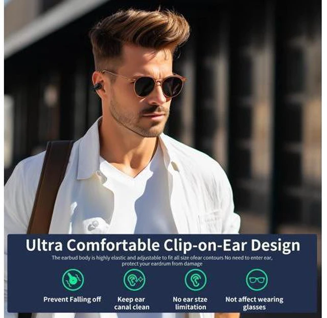 Alt view image 7 of 7 - Open Ear Bone Conduction Headphones, Clip On Wireless Earbuds with Digital Display Charging Case 60 Hours Playtime Bluetooth 5.3 Sport Earphones Built-in Mic IPX7 Waterproof for Running Fitness