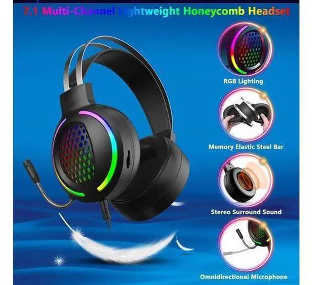 Alt view image 5 of 7 - Gaming Headset with 7.1 Surround Sound,PC Lightweight Headset with Noise Canceling Mic,Bass Surround,Soft Memory Earmuffs,Rainbow Backlit for PC,PS4,Xbox One Controller (Adapter Not Included)