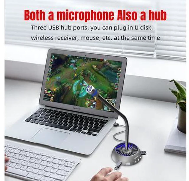 Alt view image 4 of 7 - USB Desktop Microphone 3.5mm Jack & 3 * USB Hub RGB Luminous And Flexible Drive-free Omni-directional Voice Video Karaoke Online Chat MIC For Computer And Conference