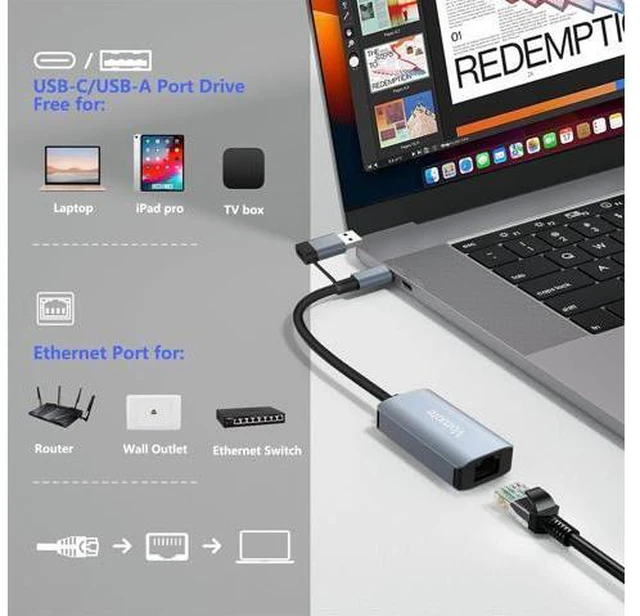 Alt view image 3 of 7 - USB C to Ethernet Adapter, USB 3.0 Network Adapter, USB to 1000Mbps Gigabit RJ45 LAN Ethernet Adapter, Aluminum Gigabit LAN Wire Adapter Compatible with Mac-Book, Steam Deck, i-Pad, TV Box, etc.
