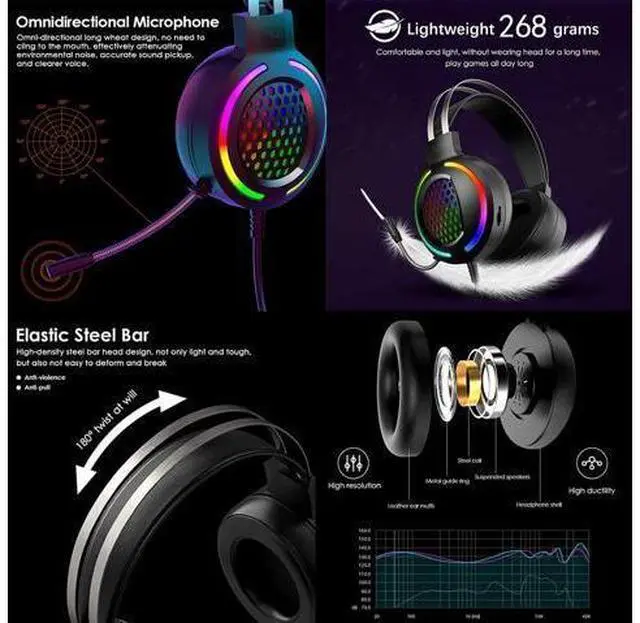Alt view image 6 of 7 - Gaming Headset with 7.1 Surround Sound,PC Lightweight Headset with Noise Canceling Mic,Bass Surround,Soft Memory Earmuffs,Rainbow Backlit for PC,PS4,Xbox One Controller (Adapter Not Included)