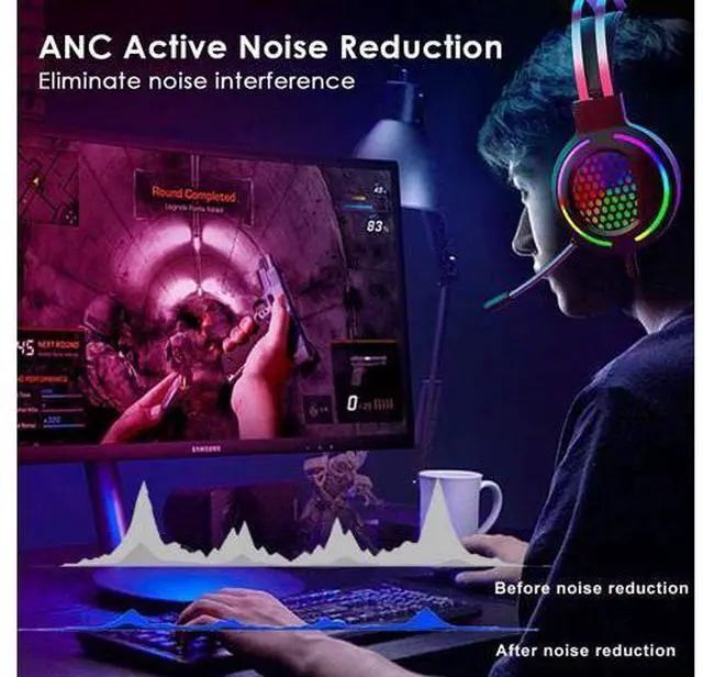 Alt view image 7 of 7 - Gaming Headset with 7.1 Surround Sound,PC Lightweight Headset with Noise Canceling Mic,Bass Surround,Soft Memory Earmuffs,Rainbow Backlit for PC,PS4,Xbox One Controller (Adapter Not Included)