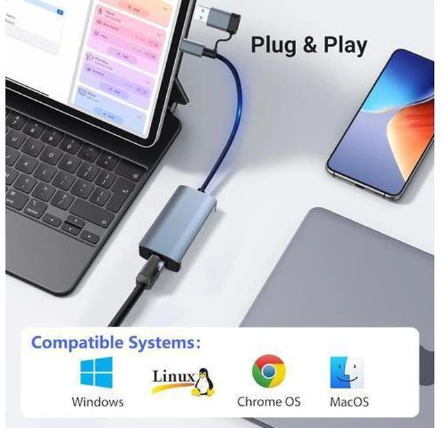 Alt view image 4 of 7 - USB C to Ethernet Adapter, USB 3.0 Network Adapter, USB to 1000Mbps Gigabit RJ45 LAN Ethernet Adapter, Aluminum Gigabit LAN Wire Adapter Compatible with Mac-Book, Steam Deck, i-Pad, TV Box, etc.