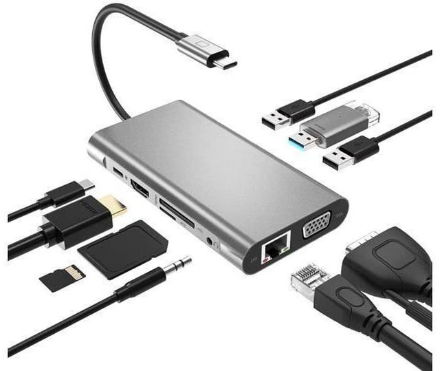 Main image of USB C Hub, 10 in 1 Laptop Docking Station Dual Monitors Type C Adapter for MacBook and Windows with 4K HDMI, VGA, PD 3 USB Ports, 3.5mm Aux Gigabit Ethernet, SD/TF Card Reader