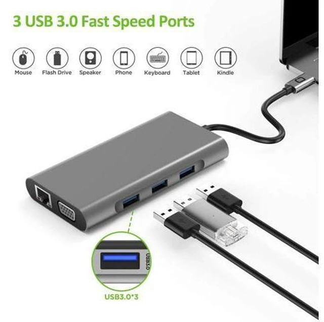 Alt view image 3 of 7 - USB C Hub, 10 in 1 Laptop Docking Station Dual Monitors Type C Adapter for MacBook and Windows with 4K HDMI, VGA, PD 3 USB Ports, 3.5mm Aux Gigabit Ethernet, SD/TF Card Reader