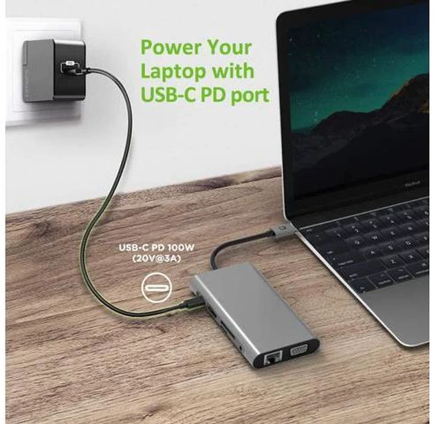 Alt view image 6 of 7 - USB C Hub, 10 in 1 Laptop Docking Station Dual Monitors Type C Adapter for MacBook and Windows with 4K HDMI, VGA, PD 3 USB Ports, 3.5mm Aux Gigabit Ethernet, SD/TF Card Reader