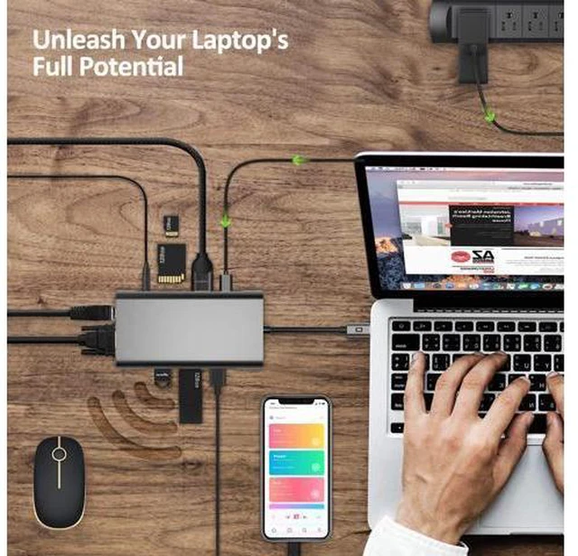 Alt view image 7 of 7 - USB C Hub, 10 in 1 Laptop Docking Station Dual Monitors Type C Adapter for MacBook and Windows with 4K HDMI, VGA, PD 3 USB Ports, 3.5mm Aux Gigabit Ethernet, SD/TF Card Reader