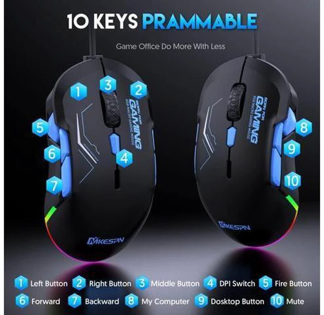 Alt view image 3 of 7 - USB Wired Gaming Mouse- 10 Programmable Buttons, 13 Kinds RGB Backlit Modes, 12800 DPI High Precision PC Mice, Right Left Handed Universal Ergonomic Mouse for Laptop Desktop Office Game, Black