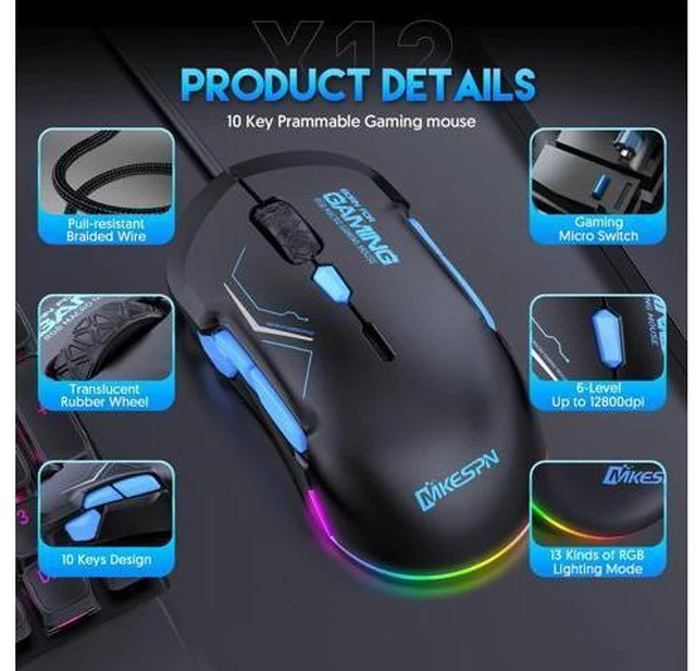 Alt view image 6 of 7 - USB Wired Gaming Mouse- 10 Programmable Buttons, 13 Kinds RGB Backlit Modes, 12800 DPI High Precision PC Mice, Right Left Handed Universal Ergonomic Mouse for Laptop Desktop Office Game, Black