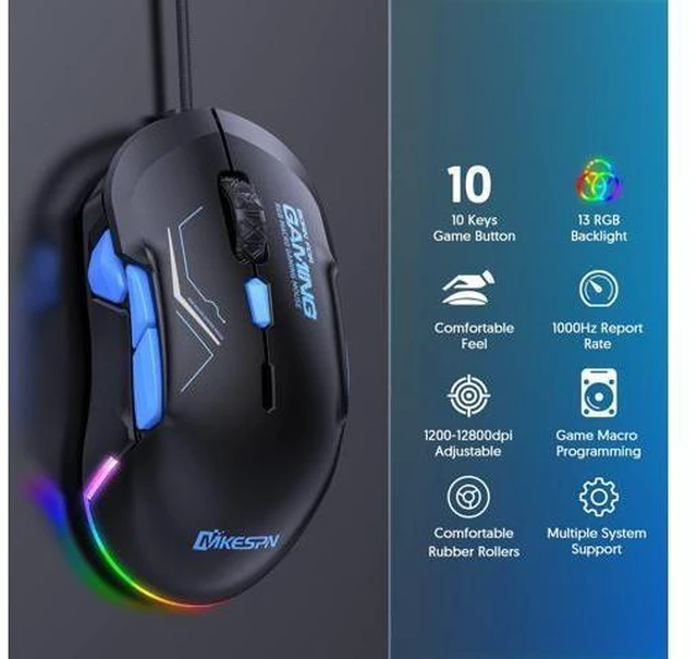 Alt view image 7 of 7 - USB Wired Gaming Mouse- 10 Programmable Buttons, 13 Kinds RGB Backlit Modes, 12800 DPI High Precision PC Mice, Right Left Handed Universal Ergonomic Mouse for Laptop Desktop Office Game, Black
